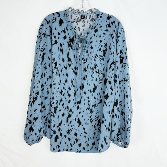 Womens Plus Size 3XL Allover Print Tie Neck Blouse Long Sleeves Dusty Blue - Picture 4 of 16